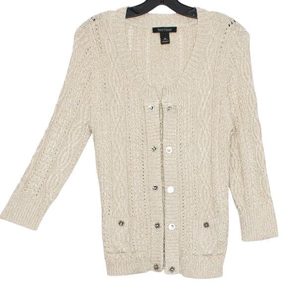 WHBM Cardigan 3/4 Sleeve Cable Knit Old Money Preppy Academia Metallic Medium - Picture 8 of 8